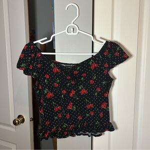Almost Famous Black Top with Cherry and Polka Dot Design